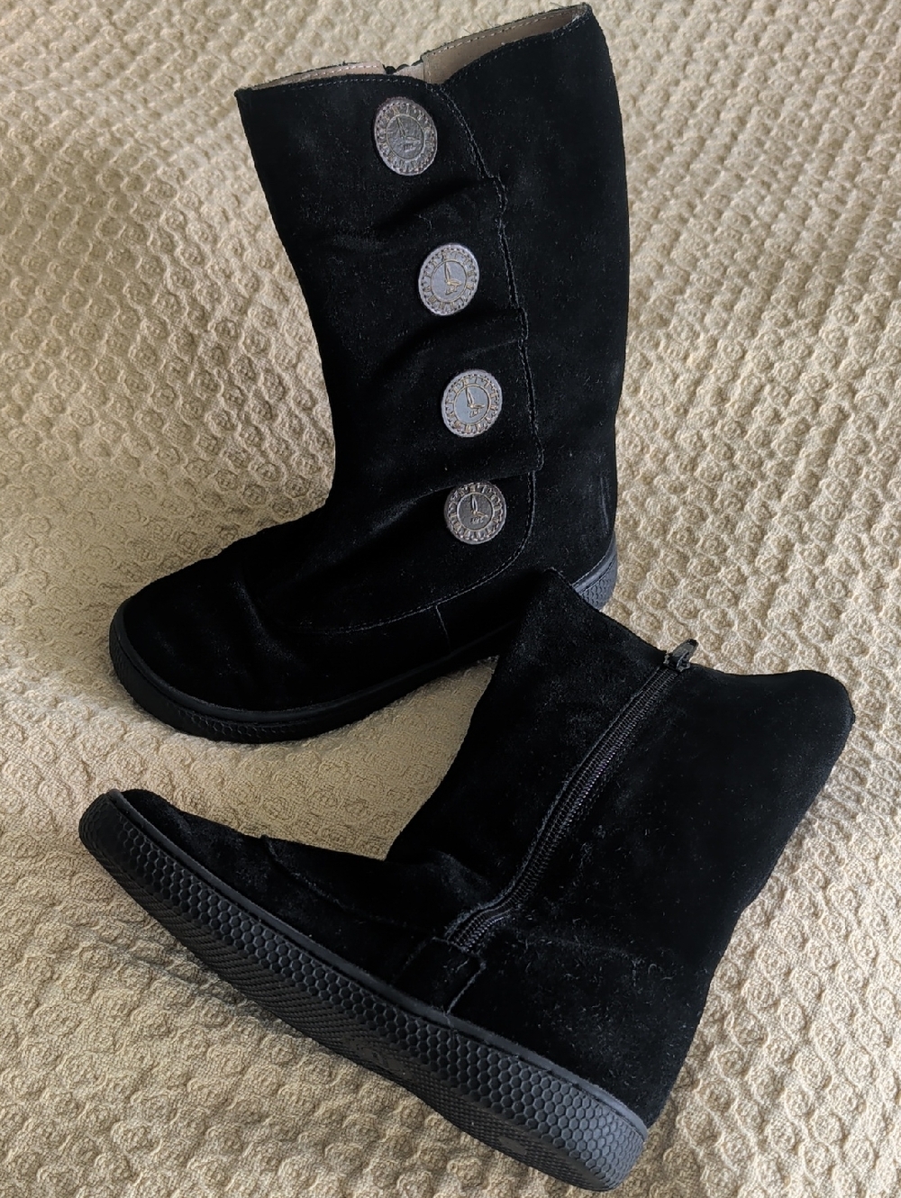 Kid's Black Suede Button Mid-Calf Boots